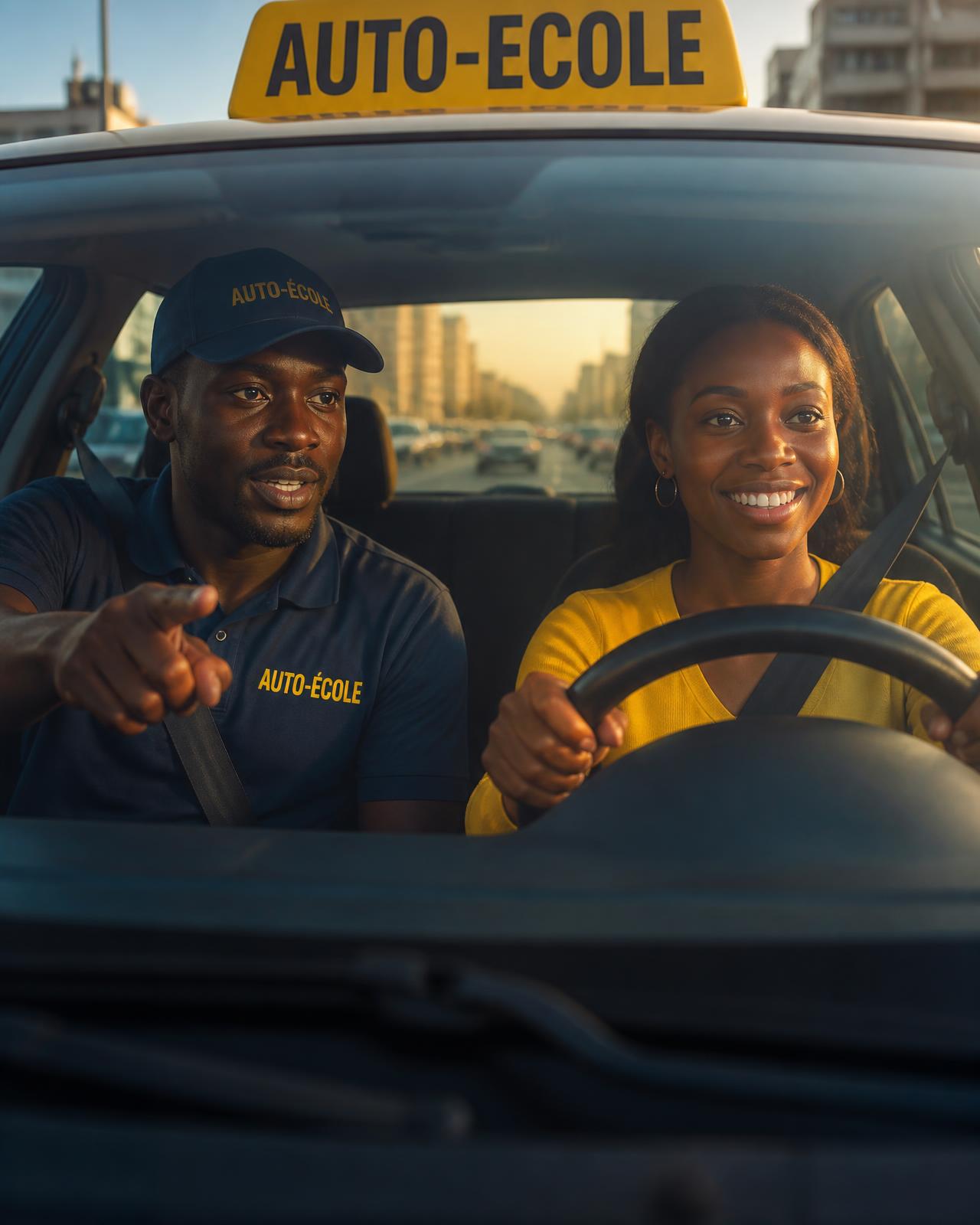 Moniteur d'auto-école accompagnant une élève au volant à Abidjan